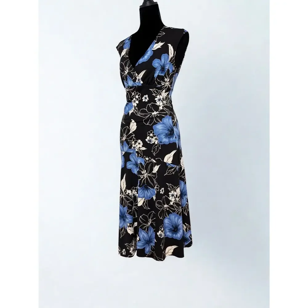 Vtg Y2K Byer Too Black Sleeveless Surplice Wrap Dress Blue Floral Print Size M